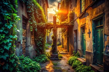 Fototapeta premium Urban Exploration Orthodox Cross Wallpaper: Grunge, Decay, Religious Symbolism, Dark Photography