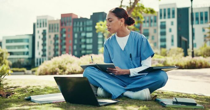 Writing, doctors and internship with woman and laptop in outdoor for research, healthcare resident and scholarship. Medical, university and assignment with person and notebook at hospital for study