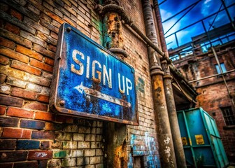Obraz premium Urban Exploration Photography: Blue Sign Up - Abandoned Building, Graffiti, Industrial Decay, Cityscape