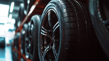 Fototapeta premium A display of tires in a car store, featuring a variety of sizes and brands. The tires are stacked neatly, creating a visually appealing background. The image focuses on a few specific tires