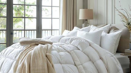 White down comforter on a bed with a beige throw blanket and pillows.