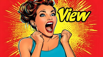 Pop Art of a Surprised woman with her mouth open and the word View written below her. AI Generated