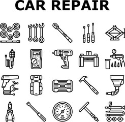 Obraz premium car repair tools wrench icons set vector. socket ratchet, pliers jack, lift screwdriver, multimeter, compressor, torque car repair tools wrench black contour illustrations