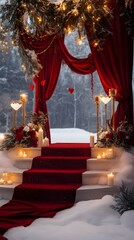 A podium adorned with red velvet ribbons, heart-shaped candles, and a romantic, snowy evening backdrop