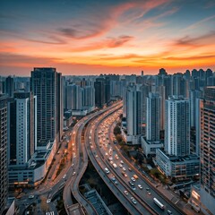 An aerial view of Shanghai's skyline at sunset, with skyscrapers towering over the city. Traffic moves along the roads beneath, showcasing the bustling business hub of Asia, illuminated as night falls