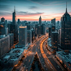 A vibrant city skyline at night, with traffic flowing along highways and streets. The towering skyscrapers of Shanghai stand against a dusky sky, reflecting the bustling urban life and business energy