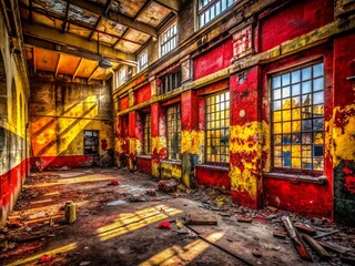 Fototapeta premium Urban Exploration Photography: Red, Yellow, Black – Abandoned Building, Graffiti Art, Industrial Decay