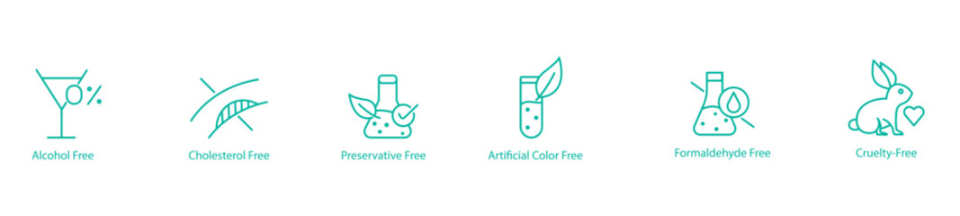 Natural and Ethical Icon Set &ndash; Alcohol, Cholesterol, Preservatives, Artificial Color, Formaldehyde, and Cruelty Free Vector Icons