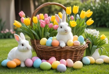 A cute Easter bunny surrounded by colorful eggs and a basket full of chocolate treats. The springtime celebration features vibrant decorations, candy, and traditional Easter eggs, bringing joy to the 