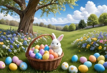 A cute Easter bunny surrounded by colorful eggs and a basket full of chocolate treats. The springtime celebration features vibrant decorations, candy, and traditional Easter eggs, bringing joy to the 