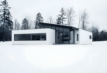 A cozy house-style caravan nestled in a winter landscape, surrounded by snow. The exterior of the trailer, complete with a truck for travel, offers a charming contrast to the chilly weather. Whether i