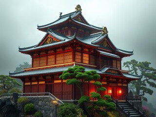 Obraz premium Vibrant Japanese Castle House AI Art - Architectural Photography
