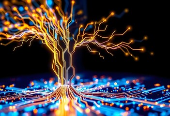 An abstract visualization of a growing circuit board, with glowing lines branching out like a tree or neural network. 