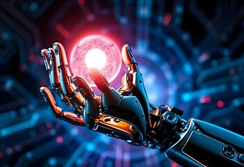 A highly detailed robotic hand holding a glowing orb of light, symbolizing artificial intelligence and innovation. 