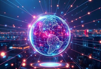 An illustration of the Earth from space, illuminated by a network of light that represents global communication and digital connectivity. 
