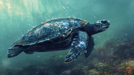 Fototapeta premium Majestic sea turtle gracefully swimming underwater, sunlight filtering through water.
