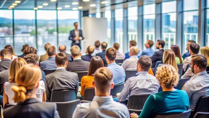 Fototapeta premium Rear view of a diverse audience engaged in listening to a speaker delivering a presentation at a business conference hall 