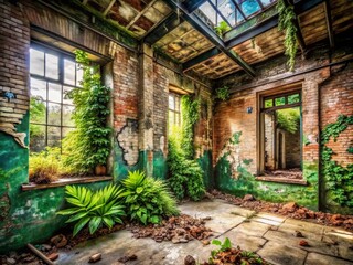 Fototapeta premium Urban Exploration Photography Featuring Intricate Plant Drawings on Abandoned Walls and Urban Spaces Captured in a Unique Blend of Nature and Urban Decay