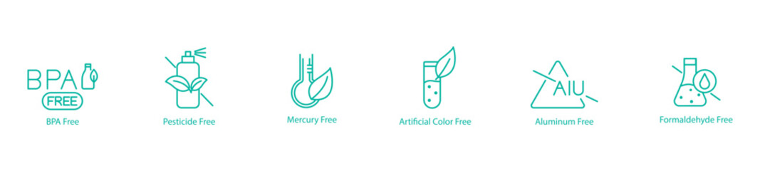 Fototapeta premium BPA, Pesticide, Mercury, Artificial Color, Aluminum, and Formaldehyde Free Vector Icons