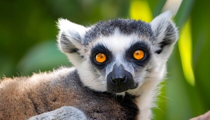 Fototapeta premium Close-up of a ring-tailed lemur with its bright yellow eyes staring into the camera, sitting on a branch with lush green tropical foliage behind.