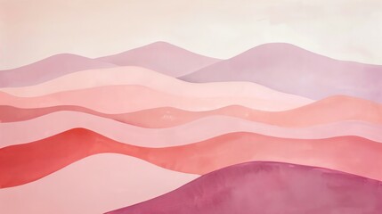 Fototapeta premium Abstract painting with layers of pink, red, and white waves.