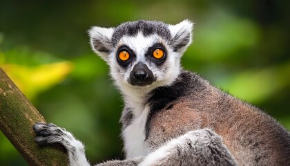 Fototapeta premium Close-up of a ring-tailed lemur with its bright yellow eyes staring into the camera, sitting on a branch with lush green tropical foliage behind.