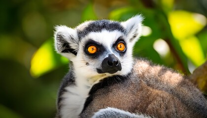 Close-up of a ring-tailed lemur with its bright yellow eyes staring into the camera, sitting on a branch with lush green tropical foliage behind.