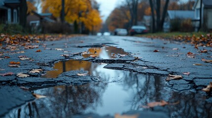 Fototapeta premium Pothole mars the surface of an urban road, illuminated by the warm light