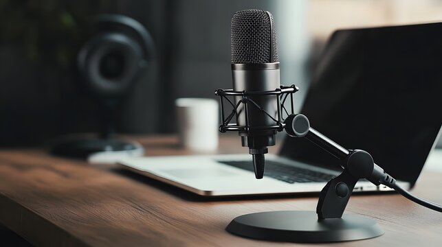 Professional Podcast microphone with laptop computer on the table AI Generated