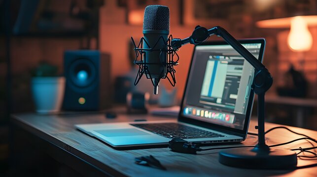 A microphone and laptop computer on the Studio Desk Pod Cast Background AI Generated