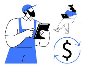 Man in blue overalls with a tablet, woman holding device, large dollar sign with arrows. Ideal for financial services, teamwork, mobile technology, remote work, digital economy, customer support