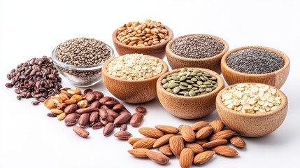 Fototapeta premium Healthy Superfoods Variety of Seeds and Nuts in Wooden Bowls.