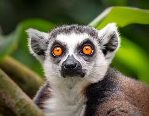 Obraz premium Close-up of a ring-tailed lemur with its bright yellow eyes staring into the camera, sitting on a branch with lush green tropical foliage behind.