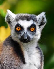 Obraz premium Close-up of a ring-tailed lemur with its bright yellow eyes staring into the camera, sitting on a branch with lush green tropical foliage behind.