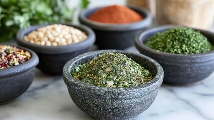 Aromatic Herbs and Spices in Stone Bowls.