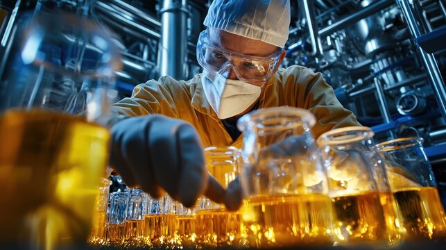 An industrial worker measuring the flashpoint of a chemical, taking safety precautions