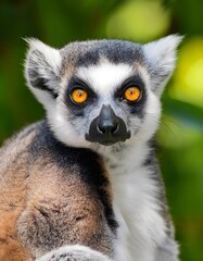 Close-up of a ring-tailed lemur with its bright yellow eyes staring into the camera, sitting on a branch with lush green tropical foliage behind.