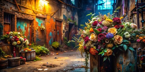 Fototapeta premium Urban Wedding Flowers: Grunge Cityscape Floral Clipart