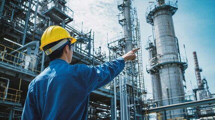 Fototapeta premium Engineer in a hard hat inspecting an industrial refinery under a clear sky