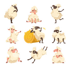 Fototapeta premium Funny Sheep Farm Character with Wooly Body and Hoof Vector Set
