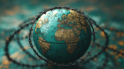 globe wrapped in barbed wire symbolizing global restrictions and challenges
