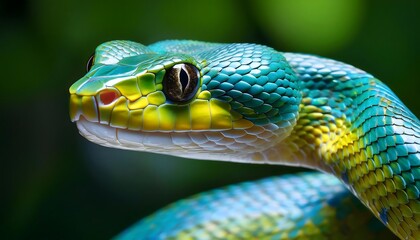 Close-up of a vibrant green snake with yellow and blue scales, its head slightly raised, focused eyes and intricate patterns highlighted.