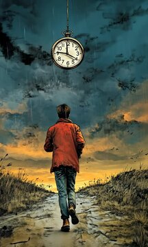 A man in a red coat runs on a dirt path under a stormy sky. A large pocket watch hangs in the air, symbolizing time and destiny. Time concept