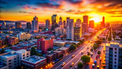 Fototapeta premium VHS Glitch Tilt-Shift Miniature Cityscape - Retro 80s Nostalgic Miniature Photography