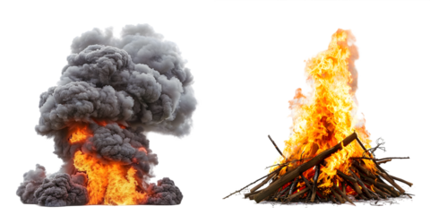 Big fire and smoke isolated on a white background. Generative AI.