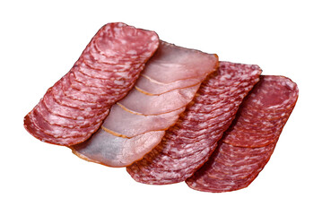Fototapeta premium Delicious fresh smoked sausages cut with slices