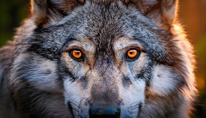 Obraz premium Extreme close-up of a gray wolf's face, golden eyes glowing in soft twilight, fur details visible, with a blurred forest background.