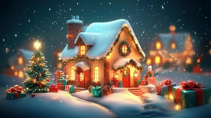 Magical Christmas Cottage in a Snowy Winter Night