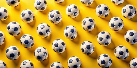 Obraz premium Vibrant and Creative Conceptual Photography Featuring Stylized Soccer Balls on a Bright Yellow Background with a Unique Seamless Pattern Design for Sports Enthusiasts