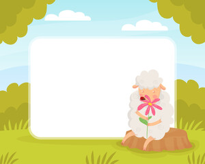 Note Card with Funny Sheep Farm Character with Wooly Body and Hoof Vector Template